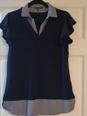 Adrianna Papell Navy Layered Ruffle-Sleeve Blouse with Striped Collar Size S